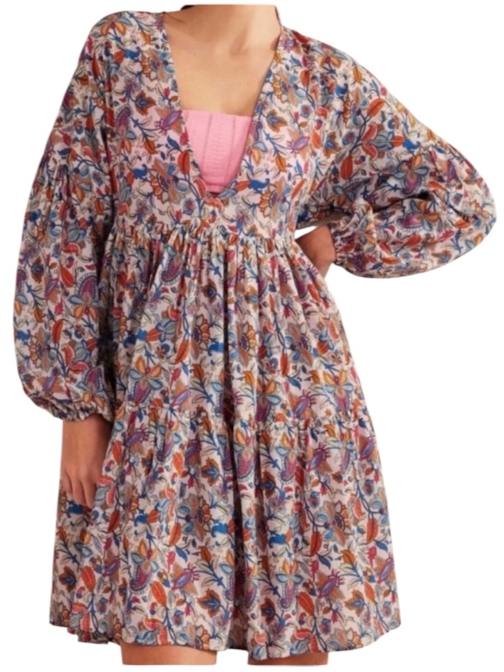 NWT BODEN Floral Tiered Mini Dress Paisley Boho Deep V Neck Long Sleeve Size 4